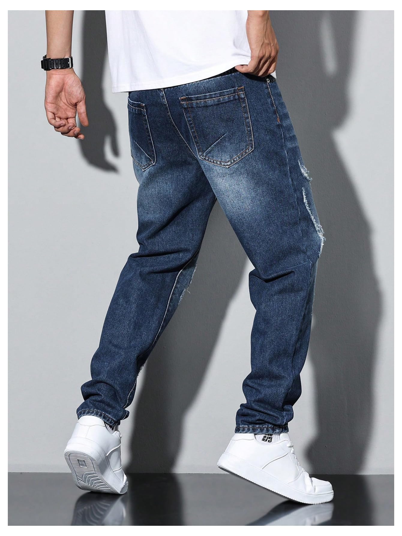 Men's Vintage Distressed Ripped Jeans Straight Leg Denim Pants