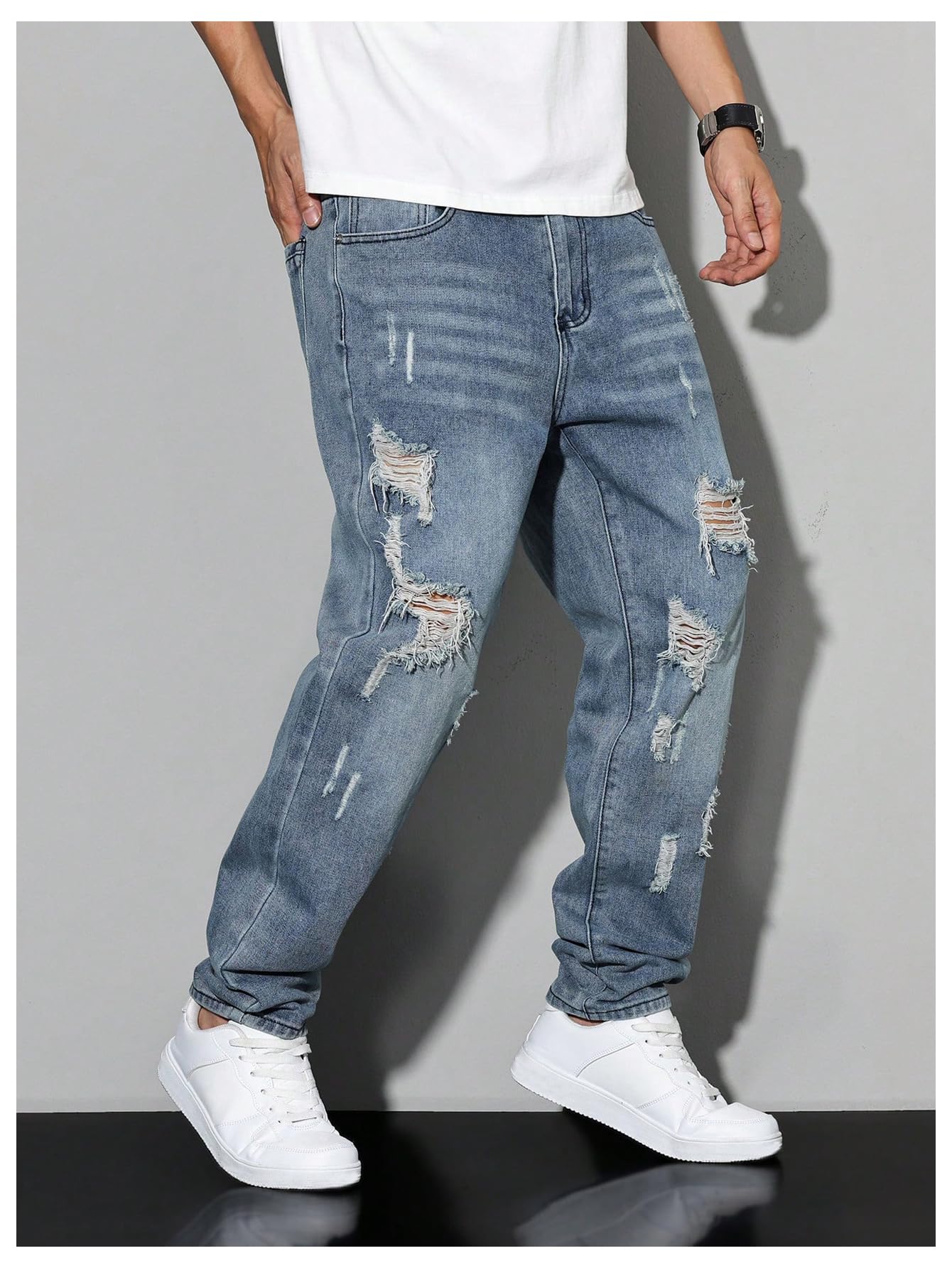 Men's Vintage Distressed Ripped Jeans Straight Leg Denim Pants