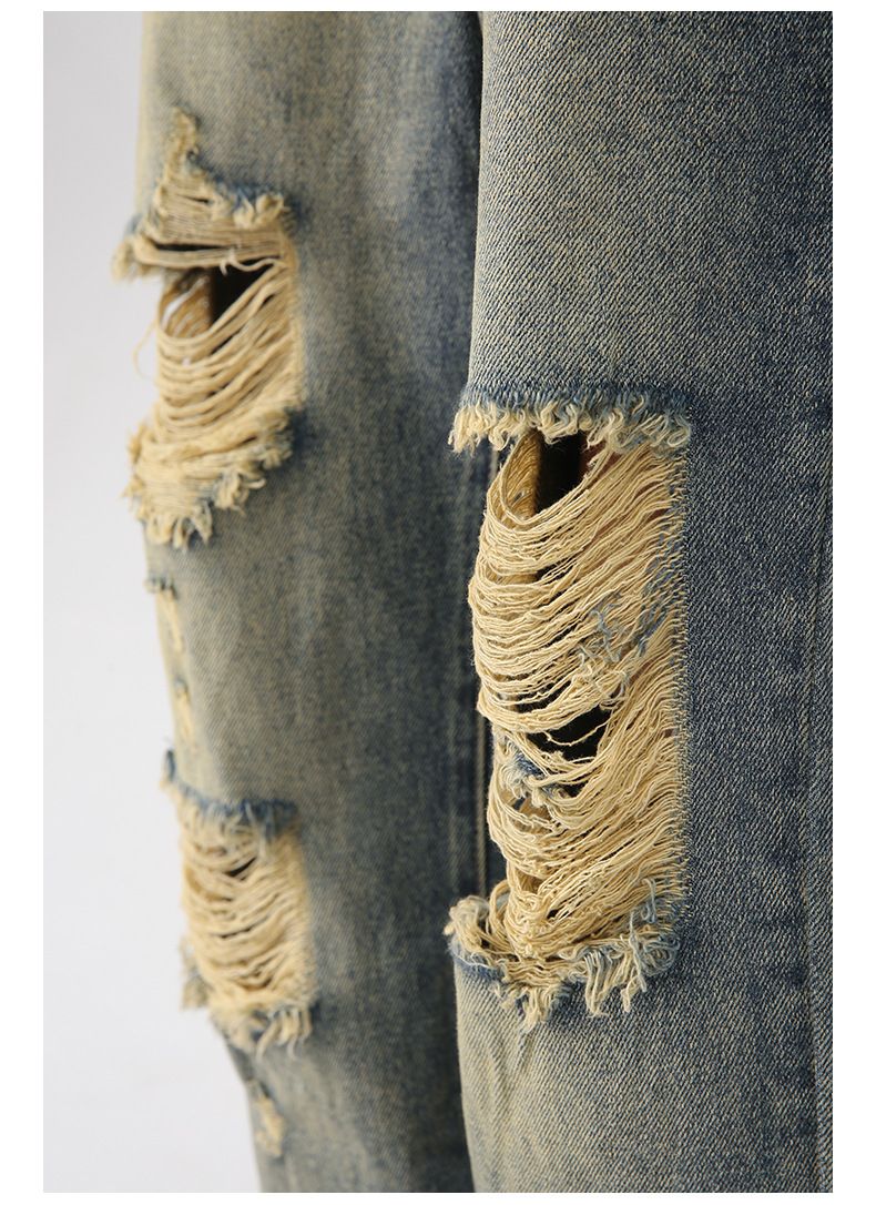 Men's Washed Ripped Jeans Distressed Straight Leg Hip Hop Denim Trousers