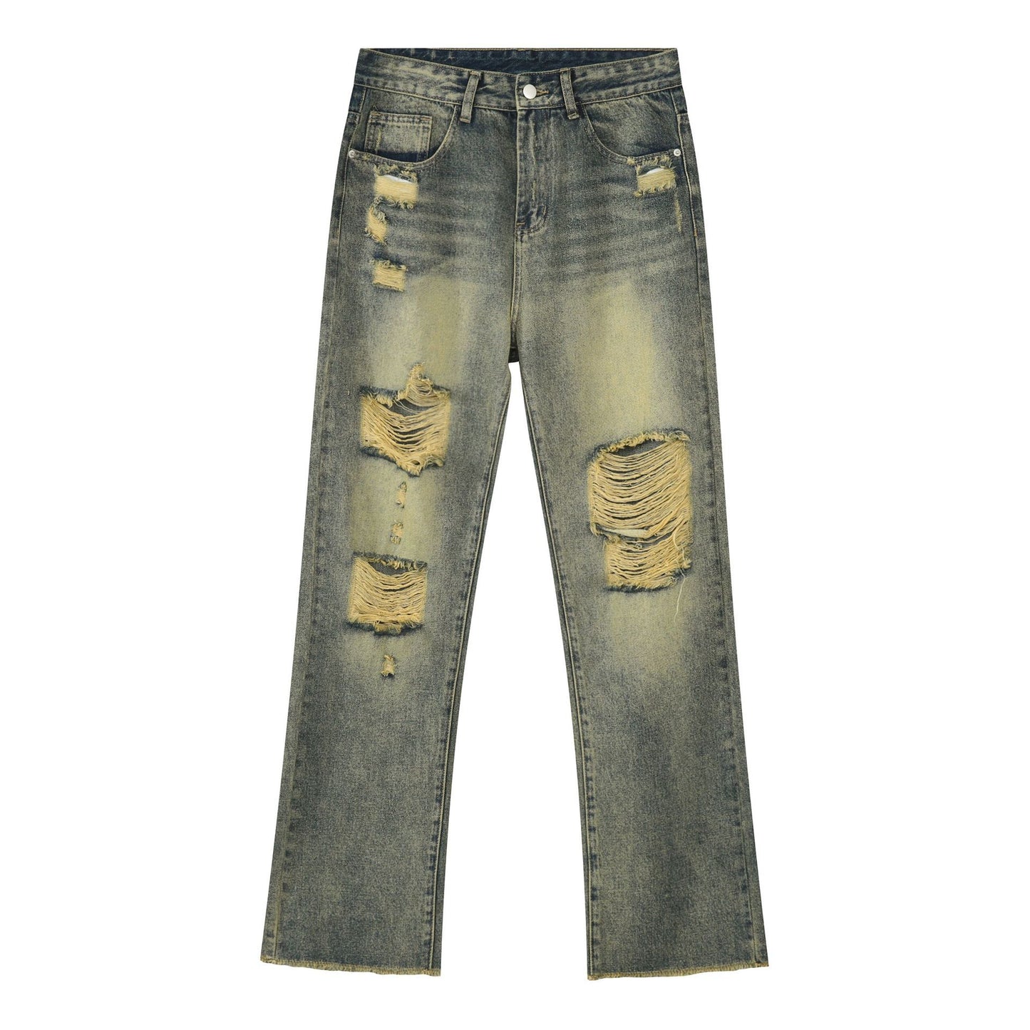 Men's Washed Ripped Jeans Distressed Straight Leg Hip Hop Denim Trousers