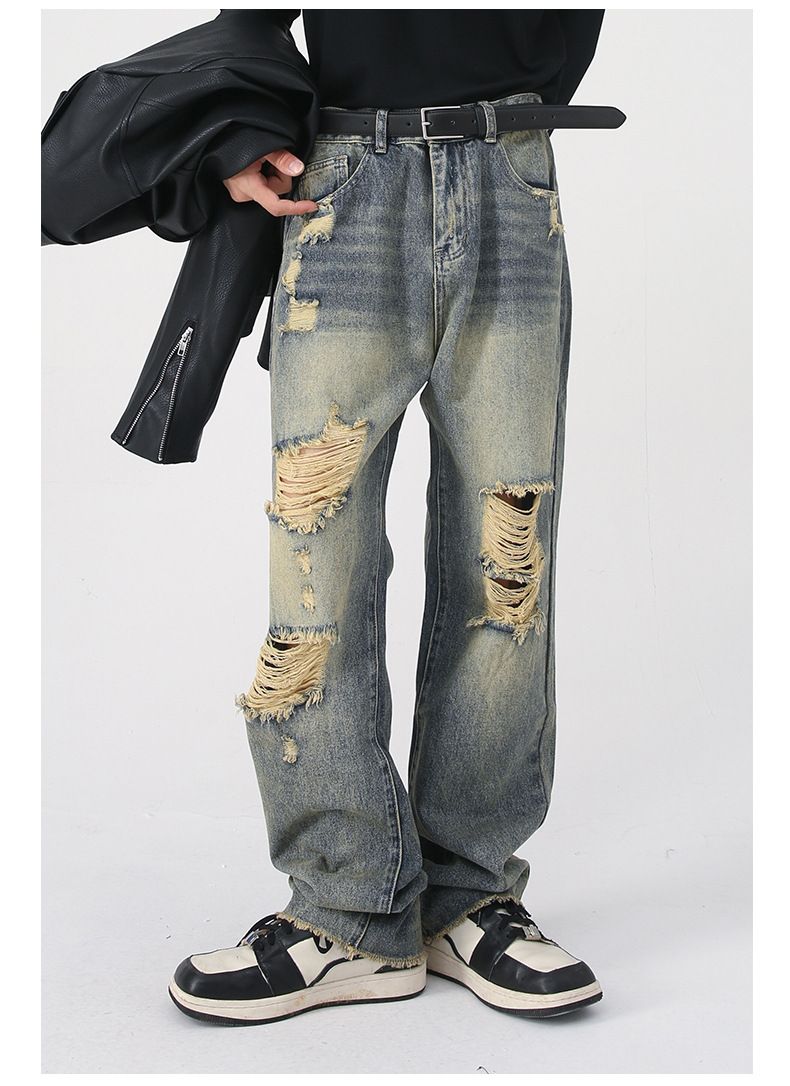 Men's Washed Ripped Jeans Distressed Straight Leg Hip Hop Denim Trousers