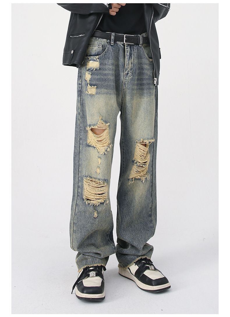 Men's Washed Ripped Jeans Distressed Straight Leg Hip Hop Denim Trousers