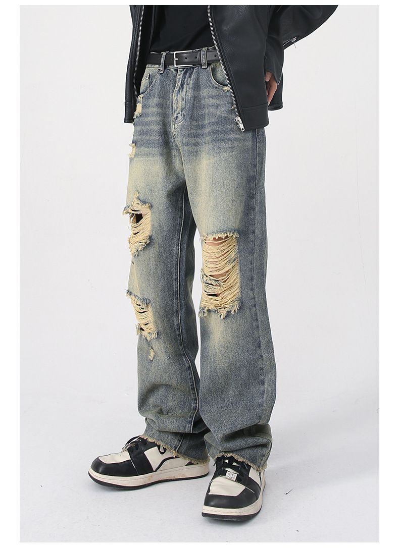 Men's Washed Ripped Jeans Distressed Straight Leg Hip Hop Denim Trousers