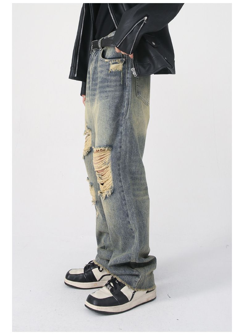 Men's Washed Ripped Jeans Distressed Straight Leg Hip Hop Denim Trousers