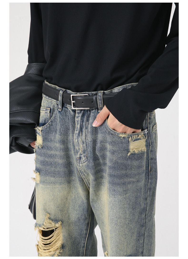 Men's Washed Ripped Jeans Distressed Straight Leg Hip Hop Denim Trousers