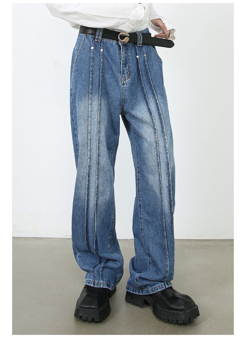 Men’s Wide Leg Straight Baggy Jeans Mid-Rise Y2K Streetwear Denim Pants