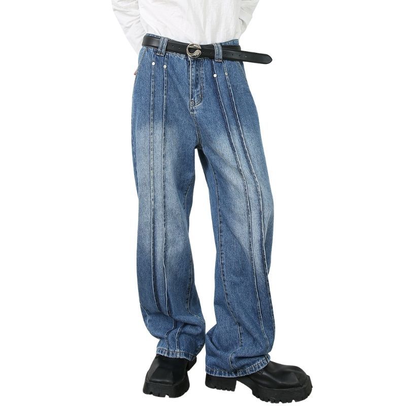 Men’s Wide Leg Straight Baggy Jeans Mid-Rise Y2K Streetwear Denim Pants