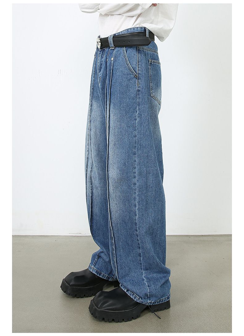 Men’s Wide Leg Straight Baggy Jeans Mid-Rise Y2K Streetwear Denim Pants