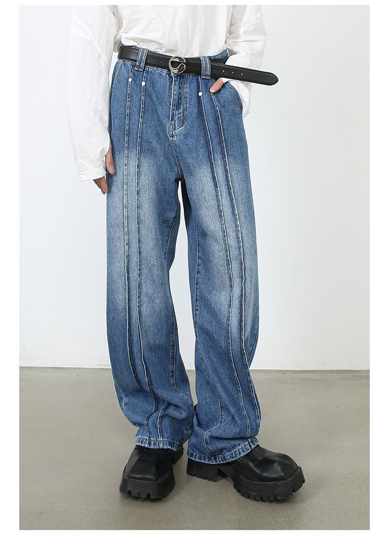 Men’s Wide Leg Straight Baggy Jeans Mid-Rise Y2K Streetwear Denim Pants