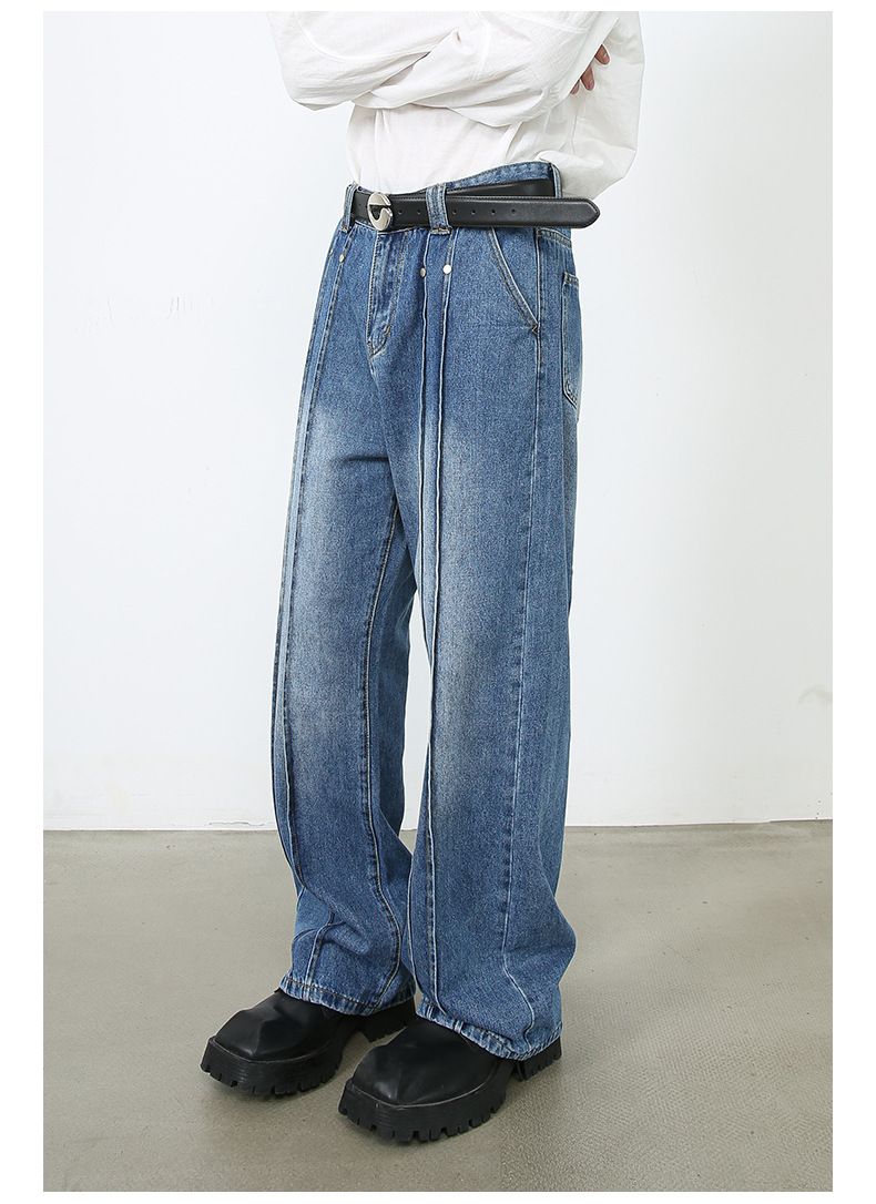 Men’s Wide Leg Straight Baggy Jeans Mid-Rise Y2K Streetwear Denim Pants