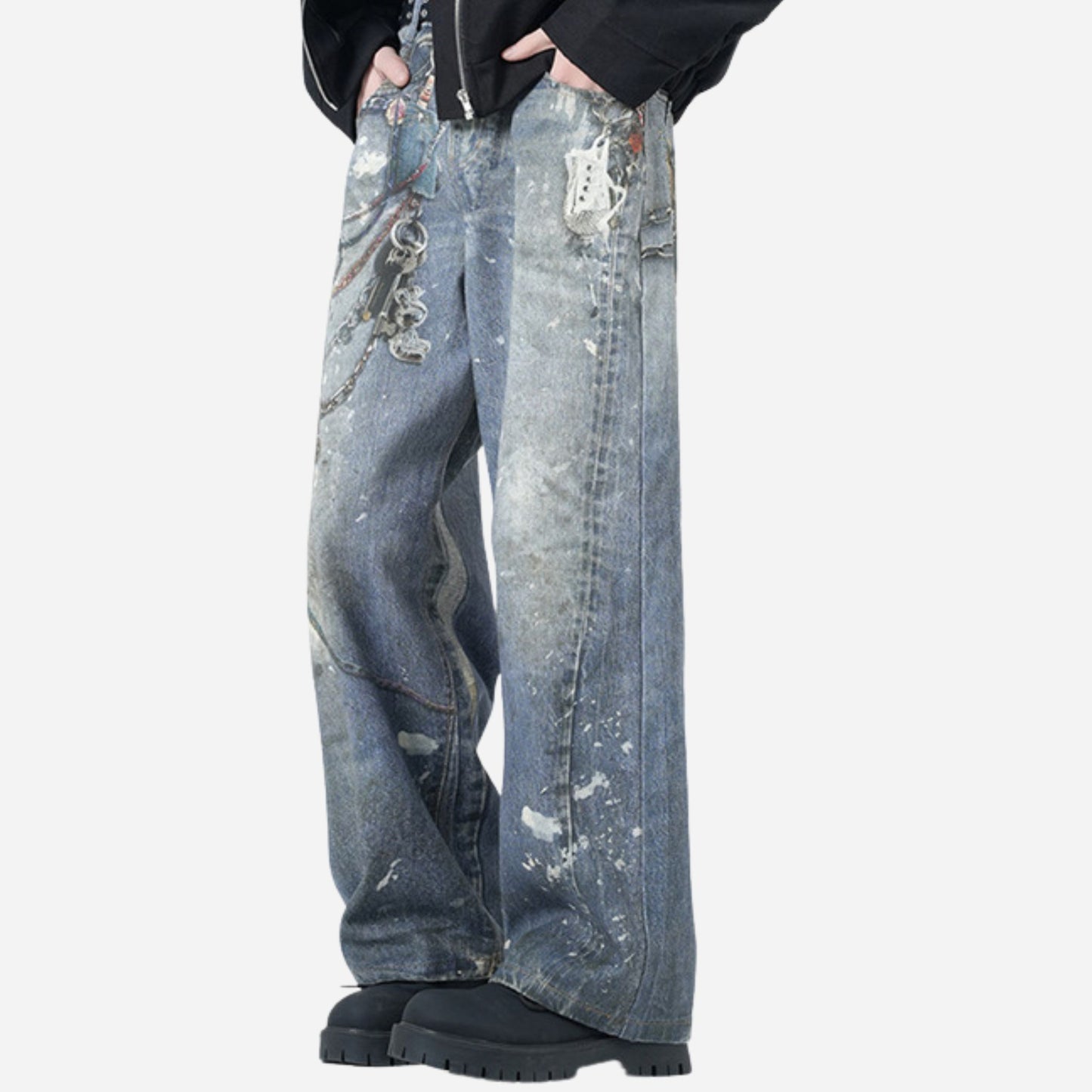Men’s 3D Graffiti Keychain Print Jeans Y2K Streetwear Baggy Straight Leg Denim