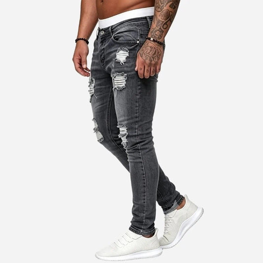 Men's ripped jeans stretch slim fit skinny denim pants in grey, side view