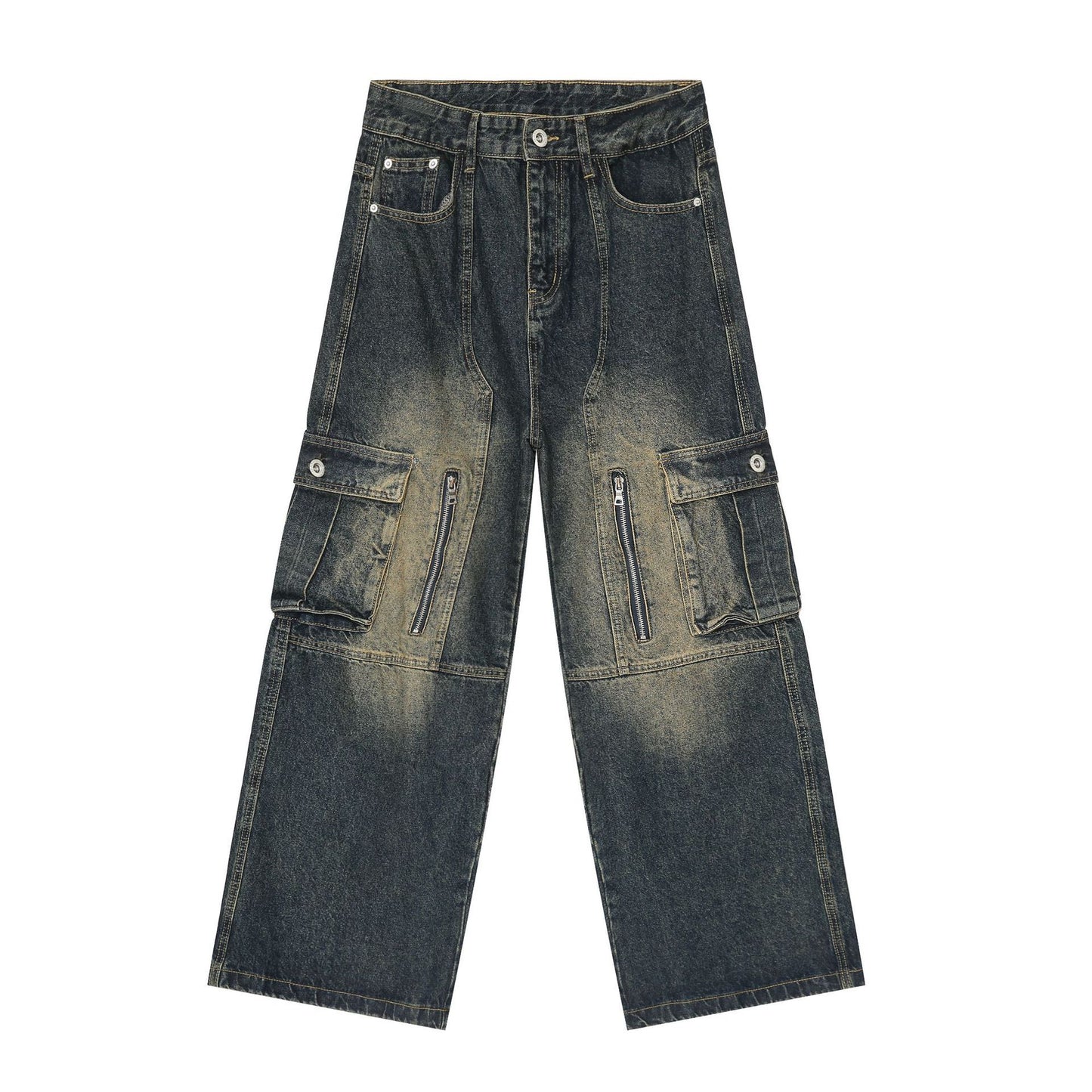Men’s Multi-Pocket Cargo Jeans Y2K Streetwear Baggy Wide Leg Denim Trousers