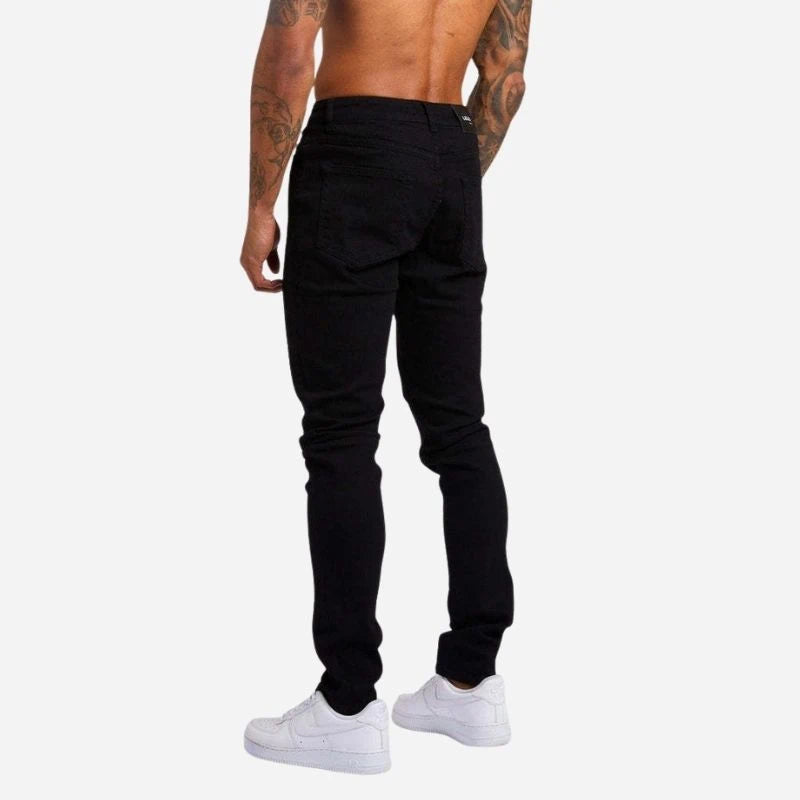 Men's skinny jeans high waisted slim fit denim pants in black, back view