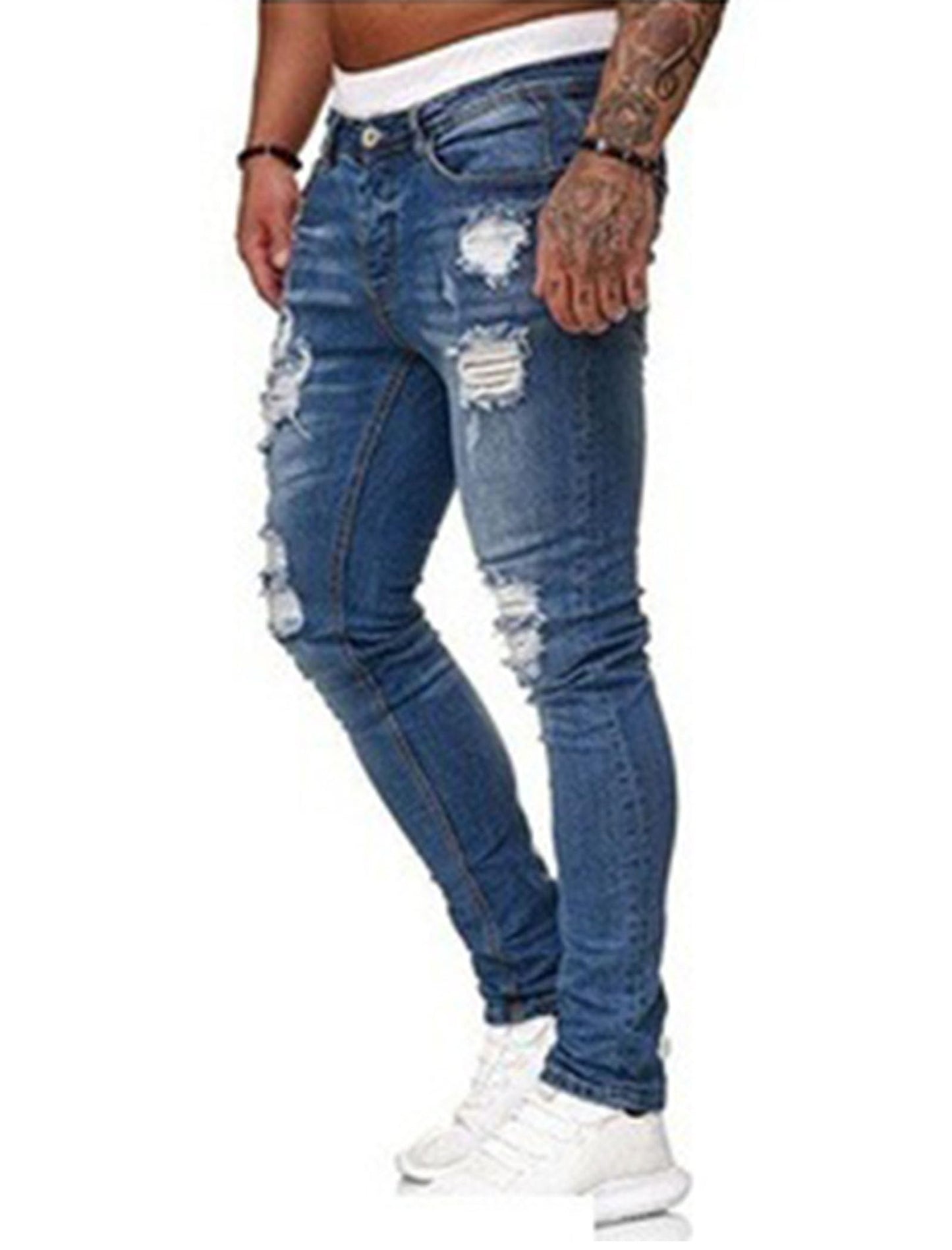 Men's Destroyed Ripped Jeans Stretch Slim Fit Skinny Denim Pants