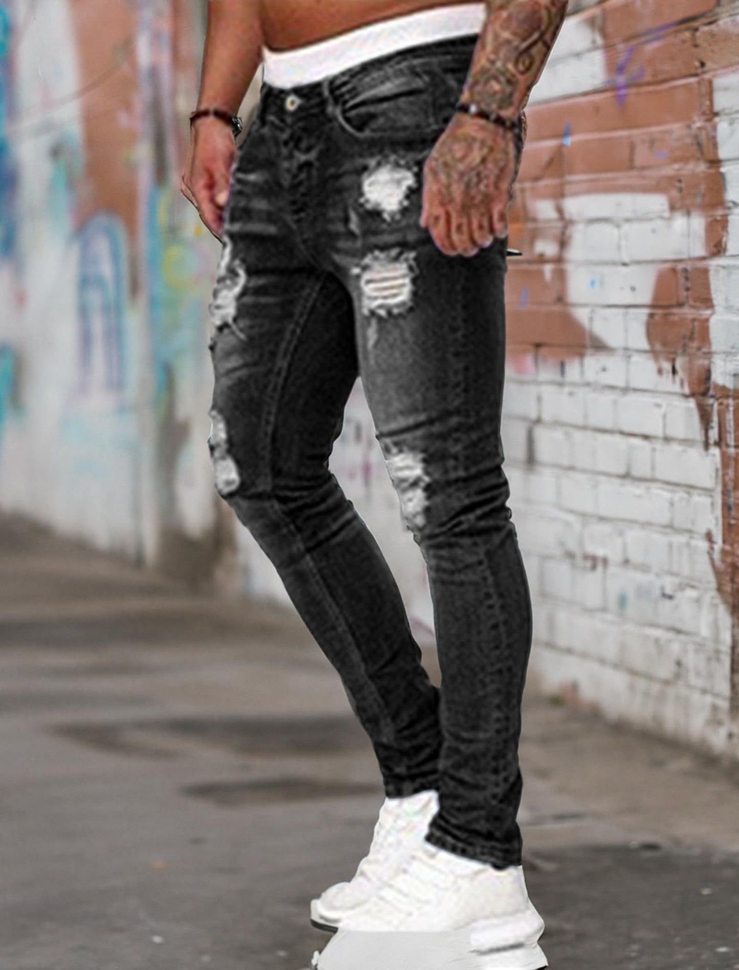 Men's Destroyed Ripped Jeans Stretch Slim Fit Skinny Denim Pants