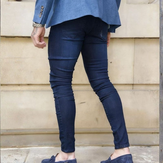 Men's Distressed Ripped Skinny Jeans Straight Leg Denim Pants in navy, back view
