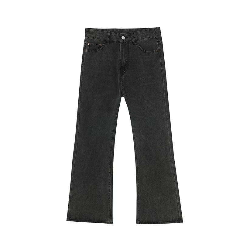 Men’s stretch straight leg jeans relaxed fit flared bell bottom denim pants in black, flat lay front