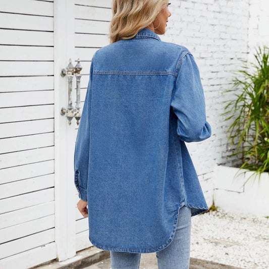 long sleeve denim shirt for women in blue, back view