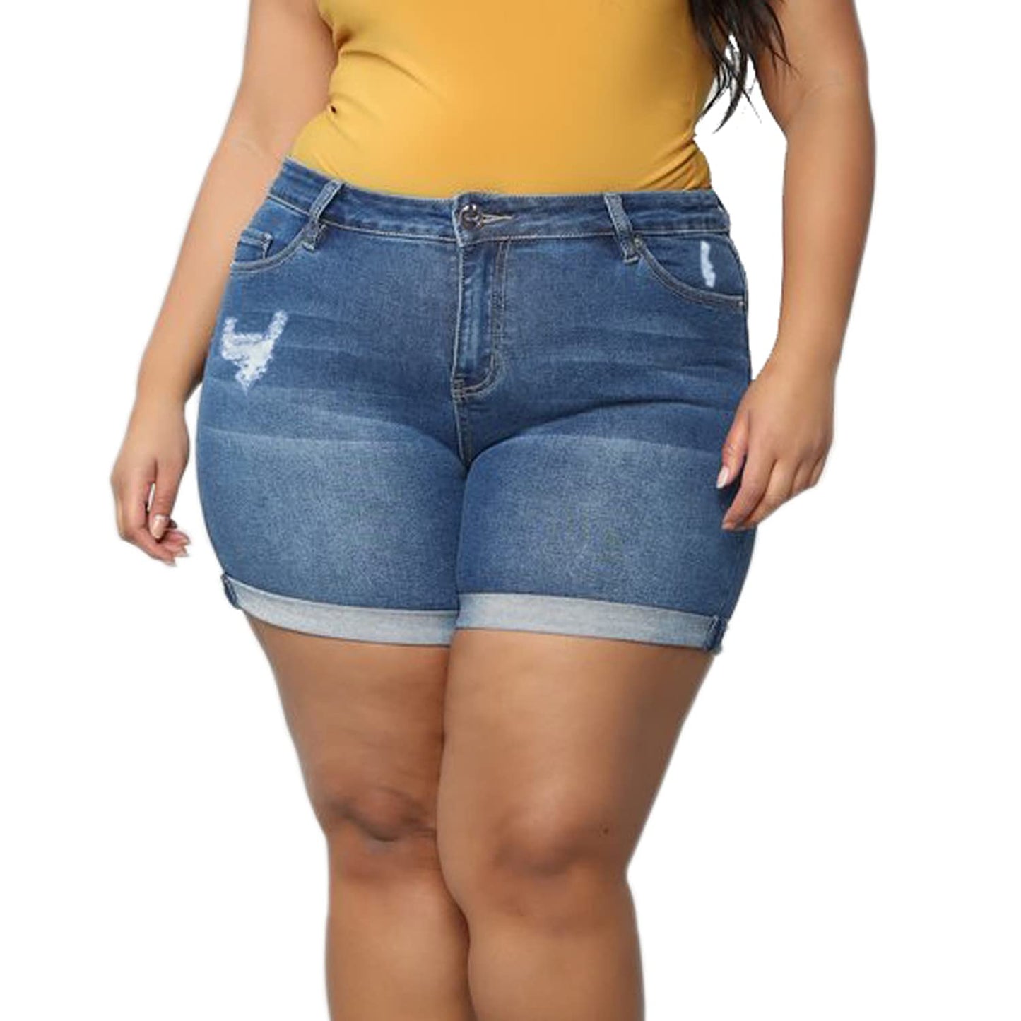 Plus Size Women Ripped Denim Shorts High Waisted Folded Hem Jean Shorts