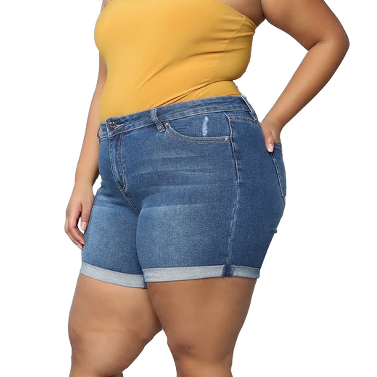 Plus Size Women Ripped Denim Shorts High Waisted Folded Hem Jean Shorts