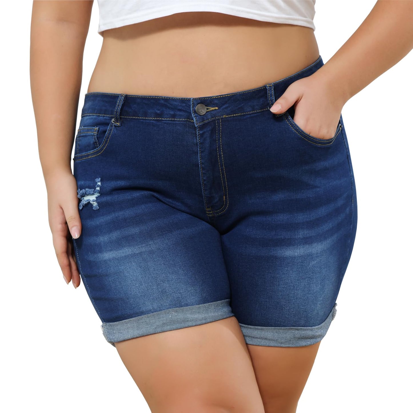 Plus Size Women Ripped Denim Shorts High Waisted Folded Hem Jean Shorts
