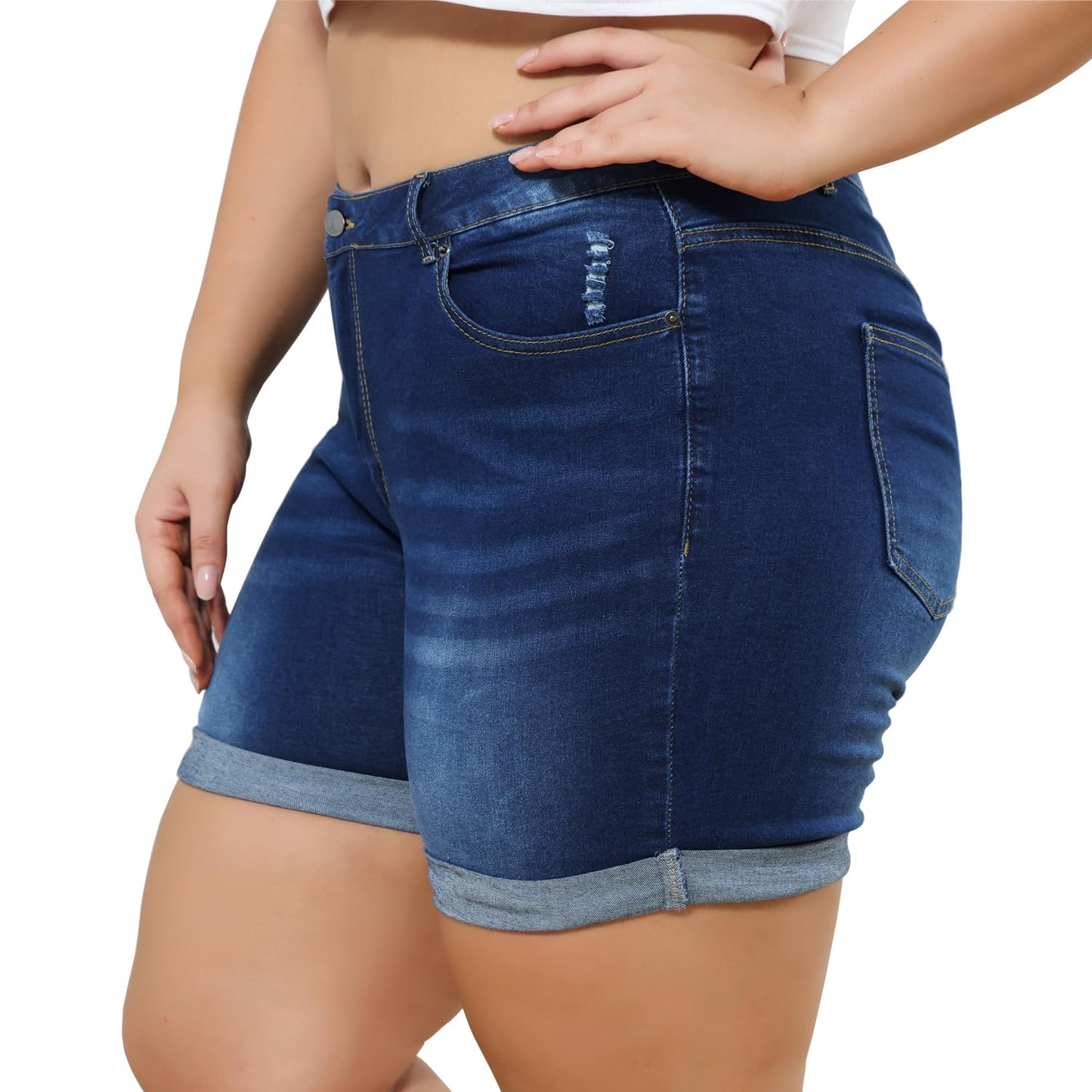 Plus Size Women Ripped Denim Shorts High Waisted Folded Hem Jean Shorts