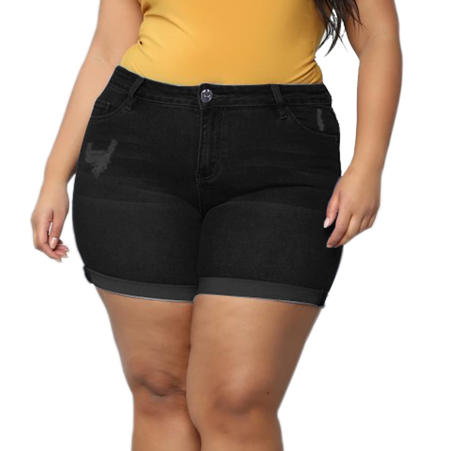 Plus Size Women Ripped Denim Shorts High Waisted Folded Hem Jean Shorts