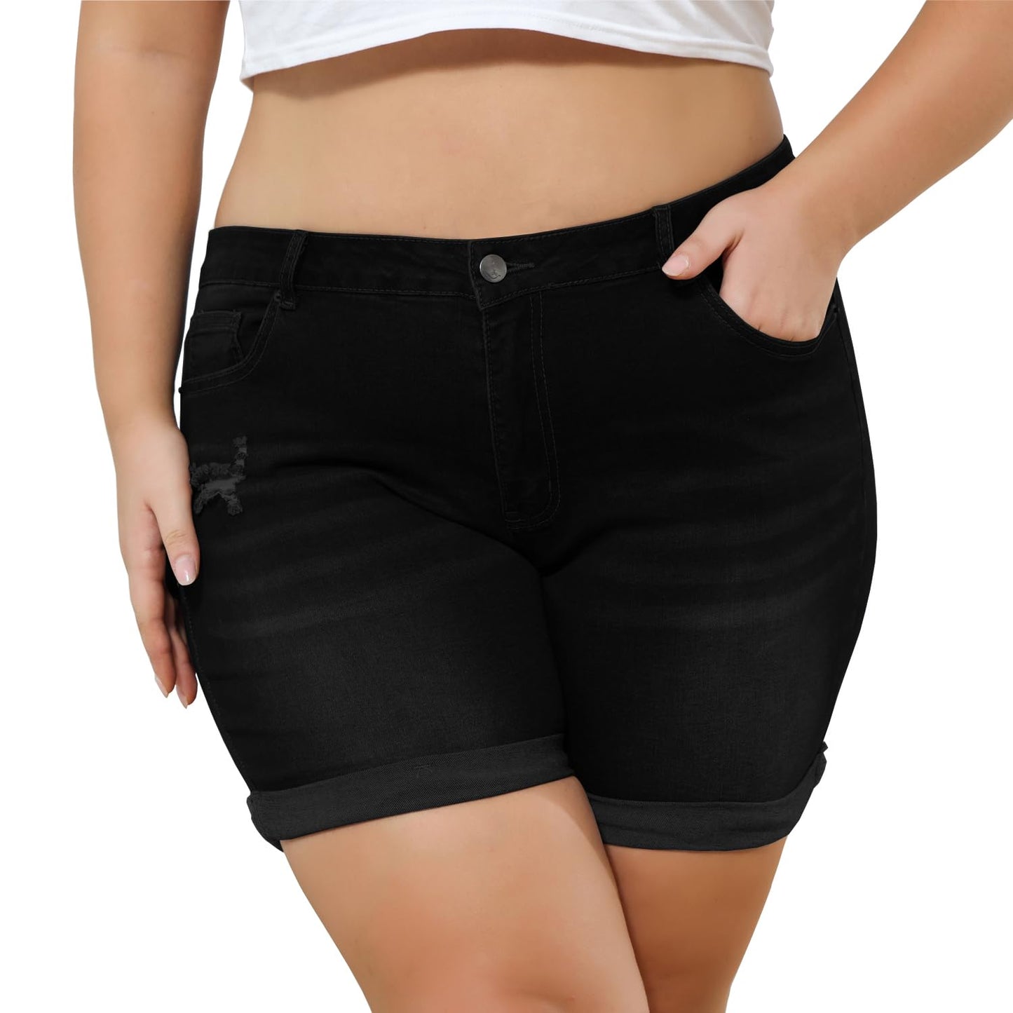 Plus Size Women Ripped Denim Shorts High Waisted Folded Hem Jean Shorts