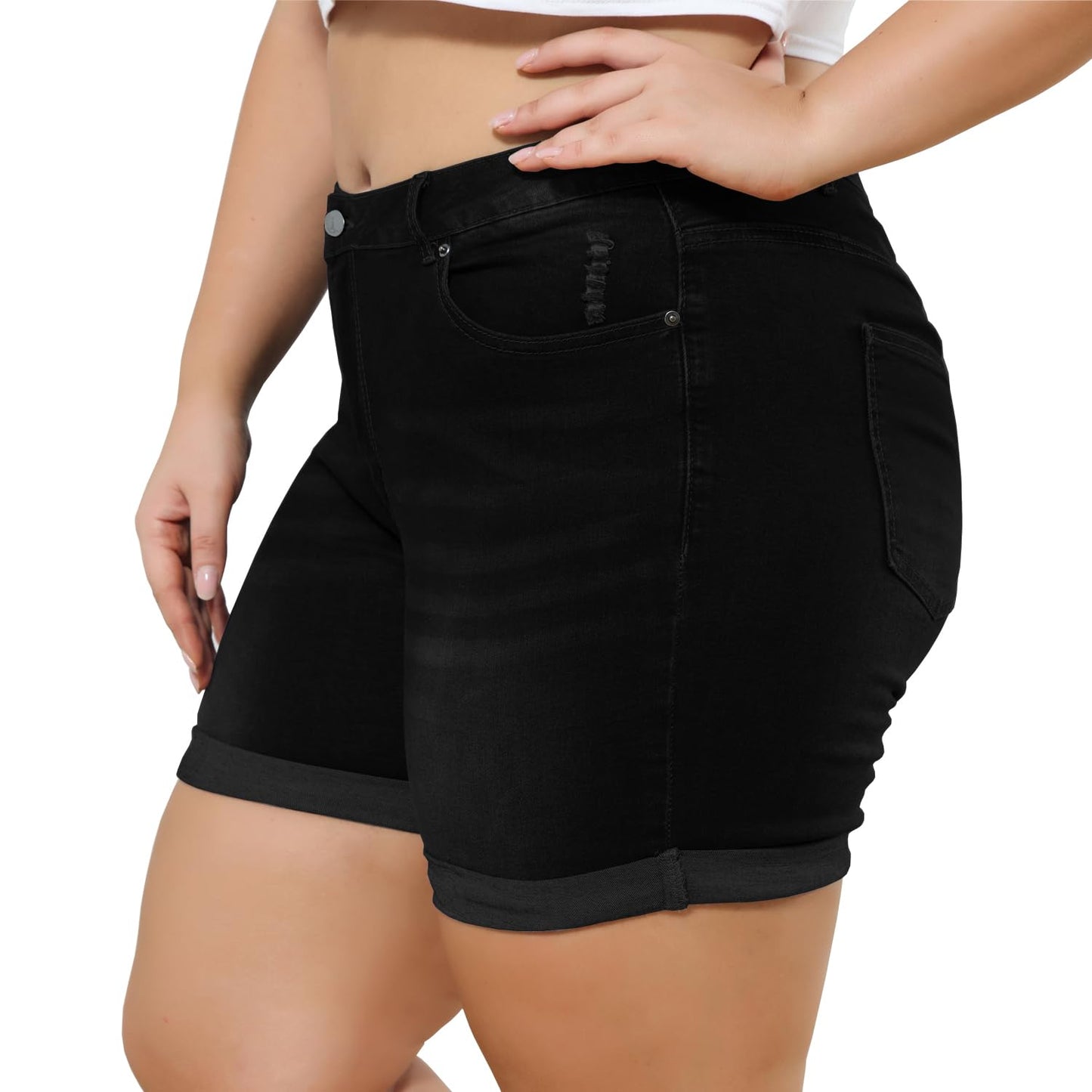Plus Size Women Ripped Denim Shorts High Waisted Folded Hem Jean Shorts