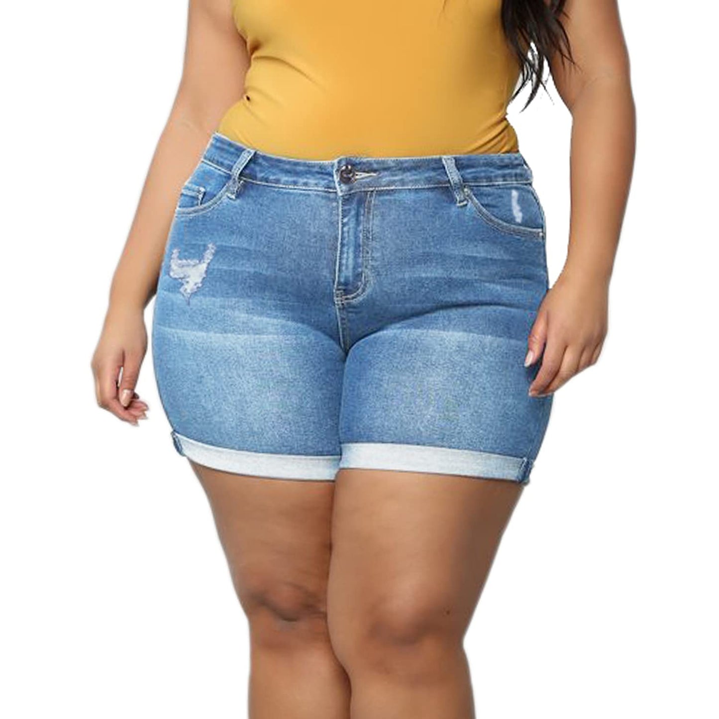 Plus Size Women Ripped Denim Shorts High Waisted Folded Hem Jean Shorts