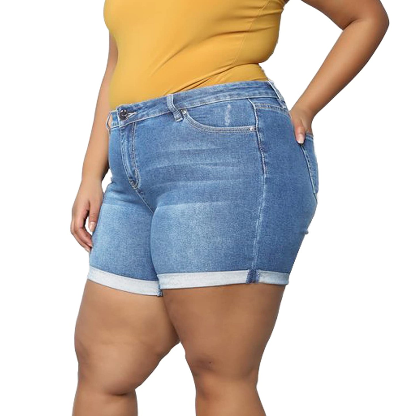Plus Size Women Ripped Denim Shorts High Waisted Folded Hem Jean Shorts