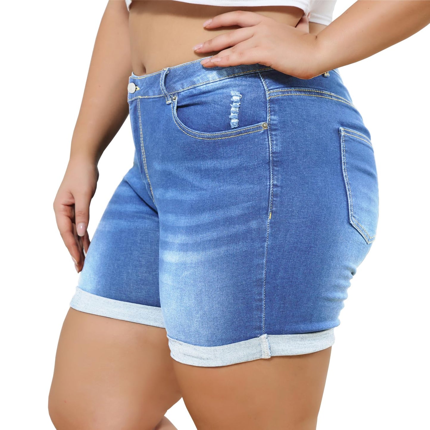 Plus Size Women Ripped Denim Shorts High Waisted Folded Hem Jean Shorts