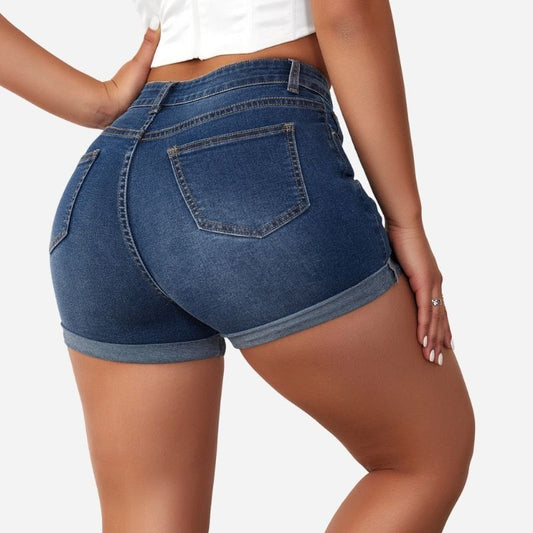 Plus Size Women Ripped Denim Shorts High Waisted Folded Hem Jean Shorts
