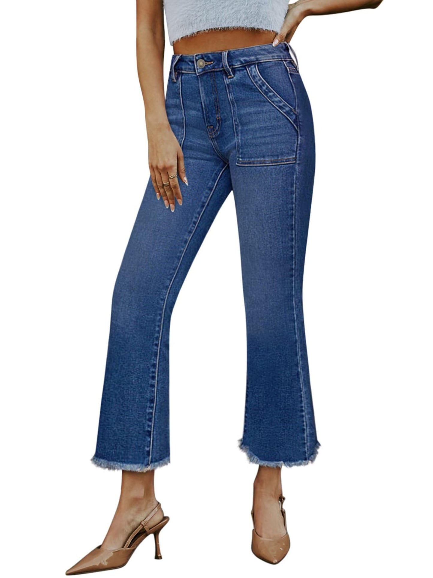 Women High Waist Denim Pants Stretchy Waist Cropped Flare Jeans