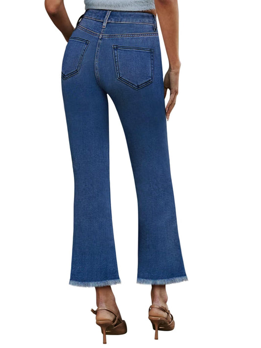 Damen Jeanshose mit hoher Taille und dehnbarer Taille, verkürzte Schlagjeans