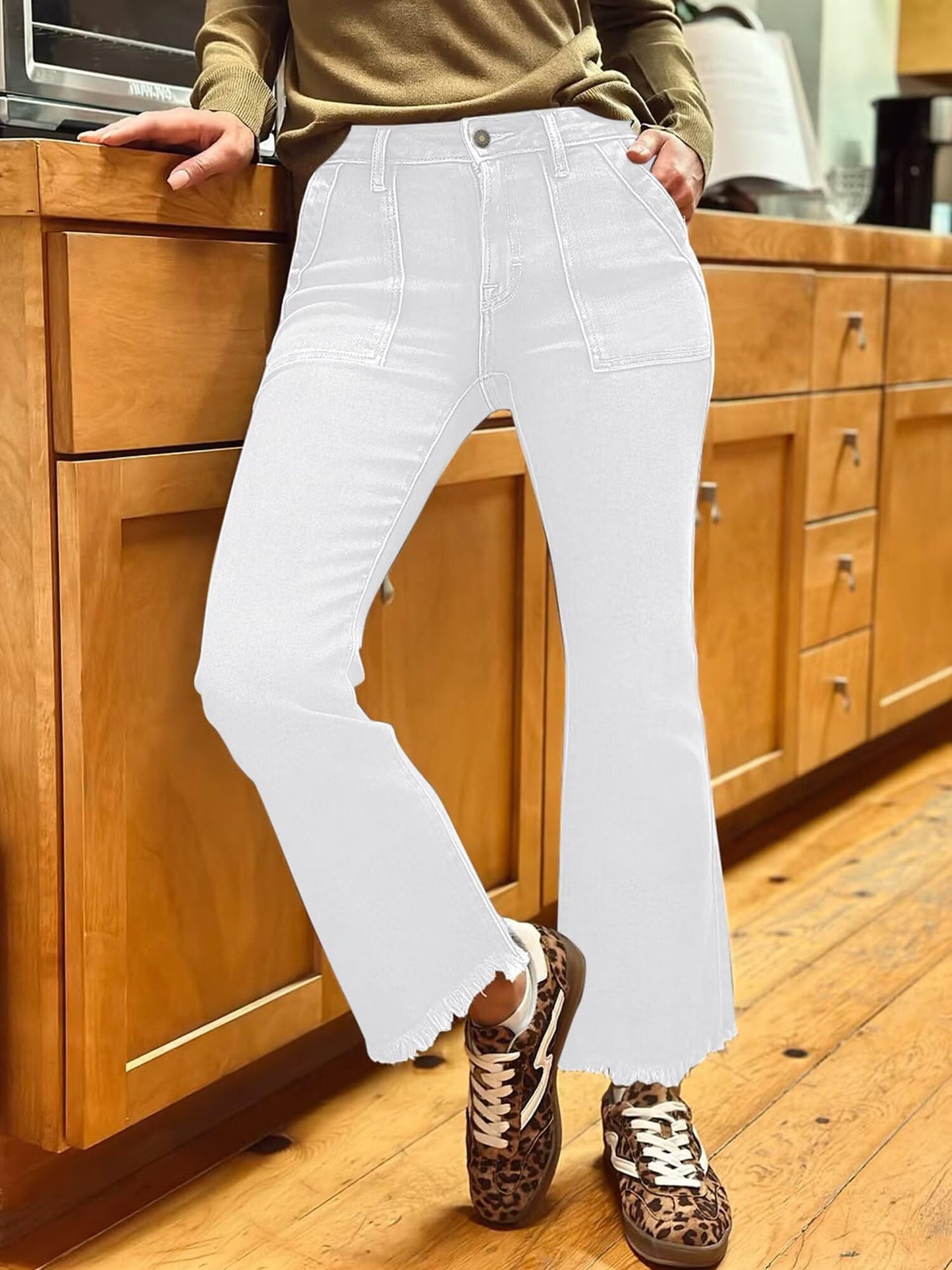 Women High Waist Denim Pants Stretchy Waist Cropped Flare Jeans