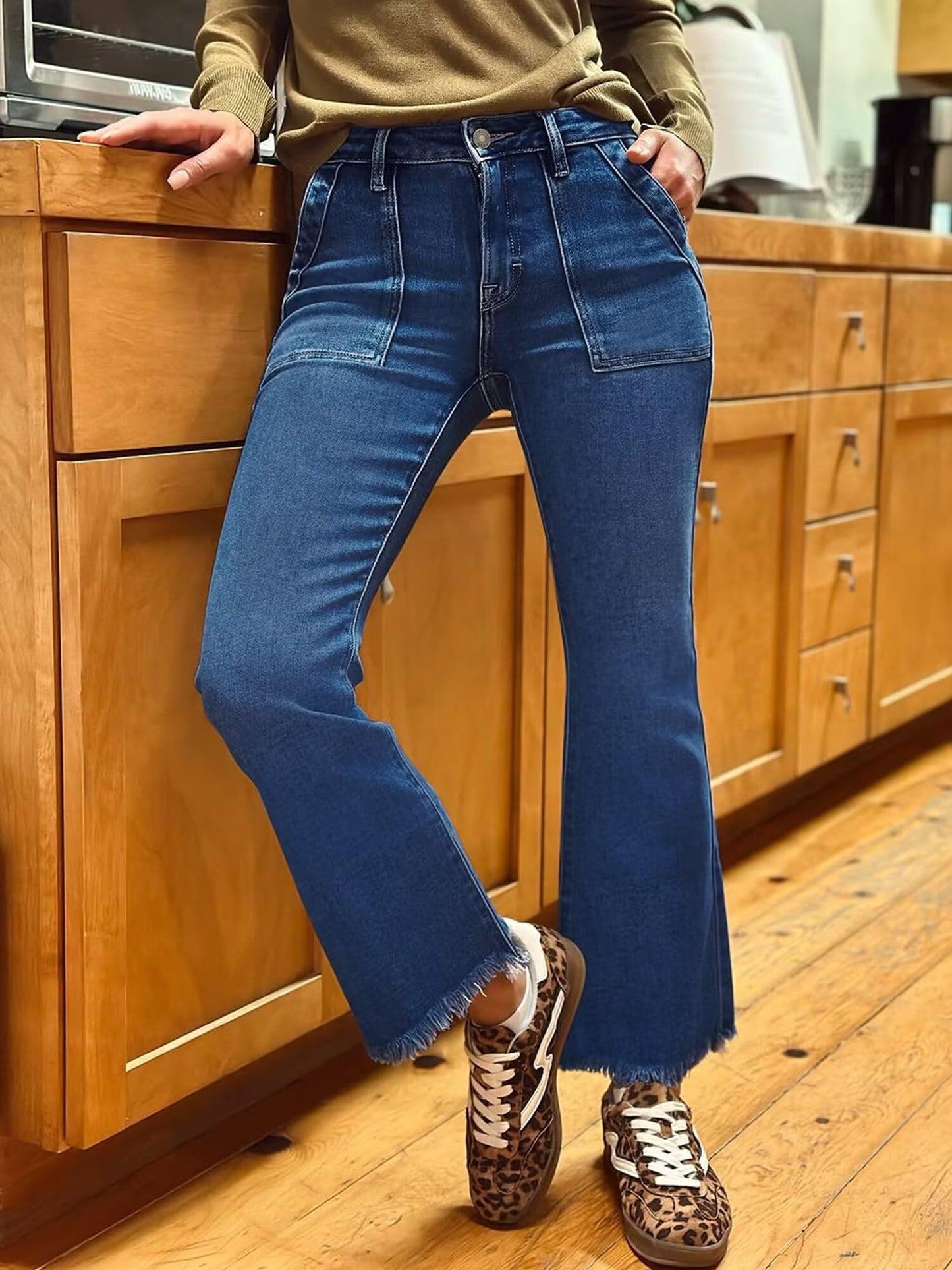 Women High Waist Denim Pants Stretchy Waist Cropped Flare Jeans