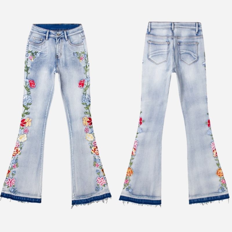 Women's retro floral embroidered flare jeans, front and back views