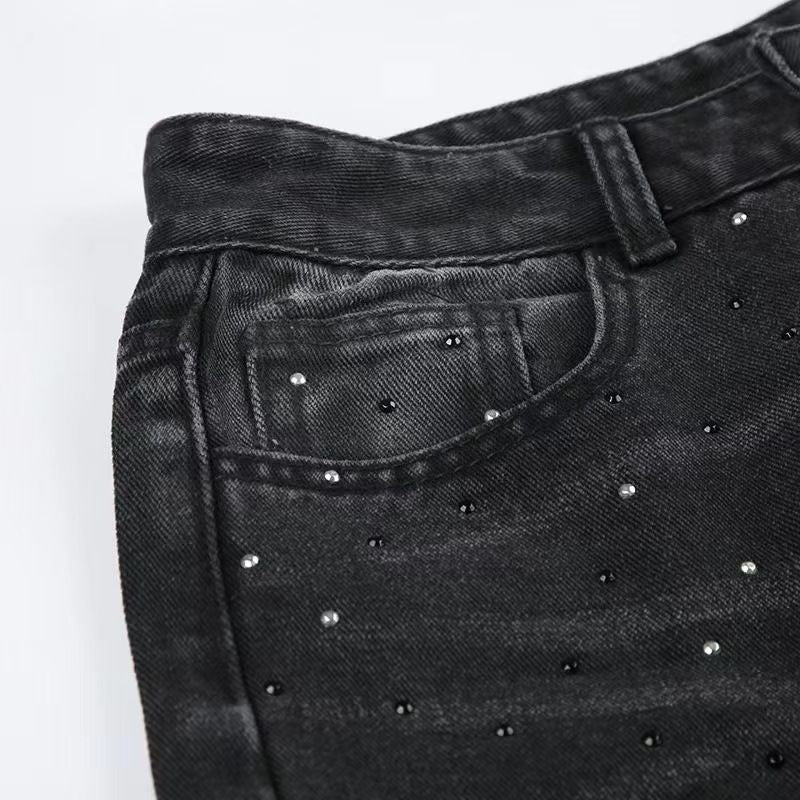 Rhinestone Jeans Women Wide Leg Low Waist Denim Y2K Sparkle Trousers