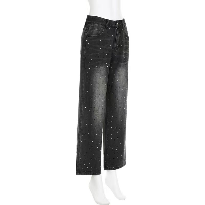 Rhinestone Jeans Women Wide Leg Low Waist Denim Y2K Sparkle Trousers