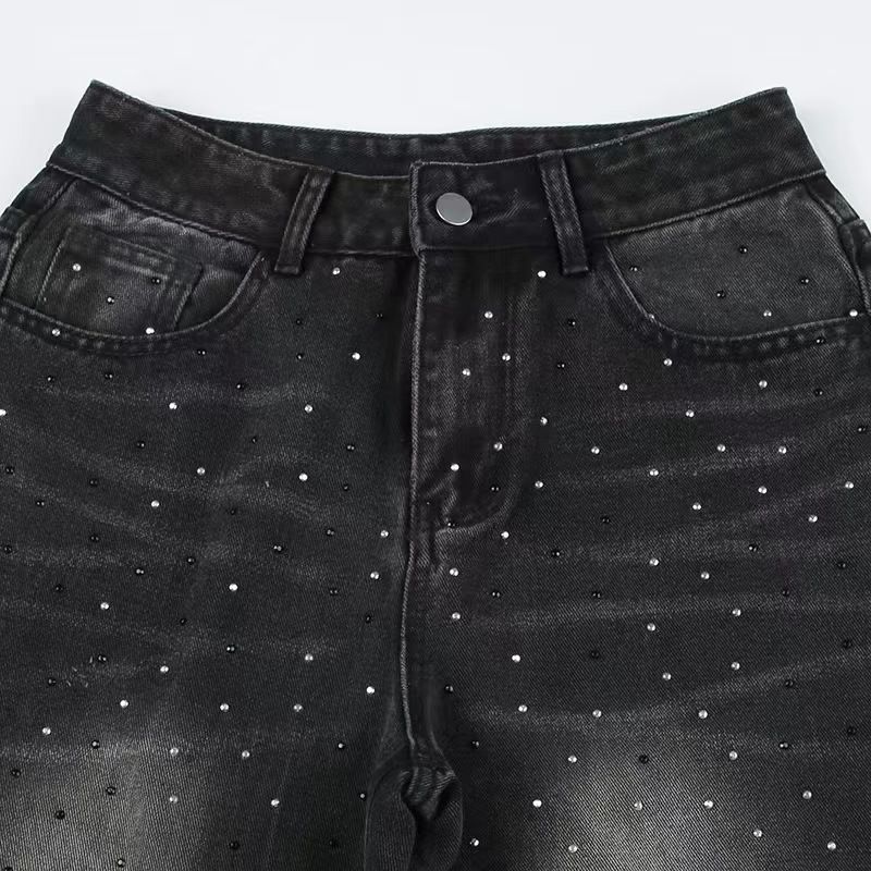 Rhinestone Jeans Women Wide Leg Low Waist Denim Y2K Sparkle Trousers