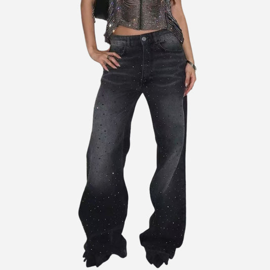 Rhinestone Jeans Women Wide Leg Low Waist Denim Y2K Sparkle Trousers