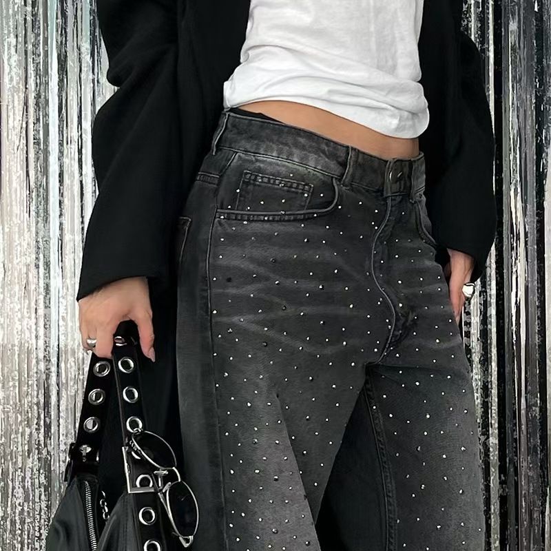 Rhinestone Jeans Women Wide Leg Low Waist Denim Y2K Sparkle Trousers
