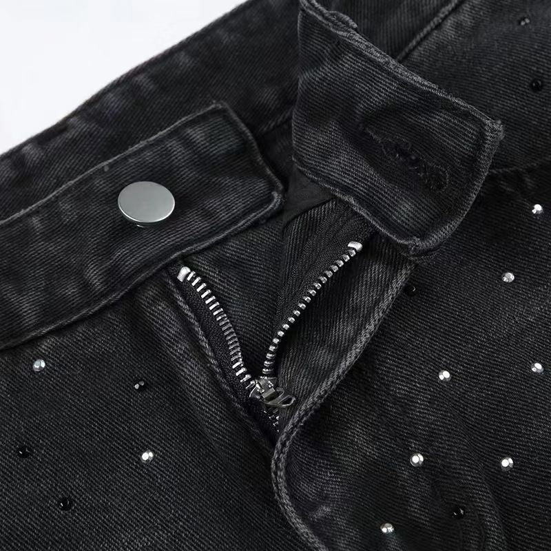 Rhinestone Jeans Women Wide Leg Low Waist Denim Y2K Sparkle Trousers