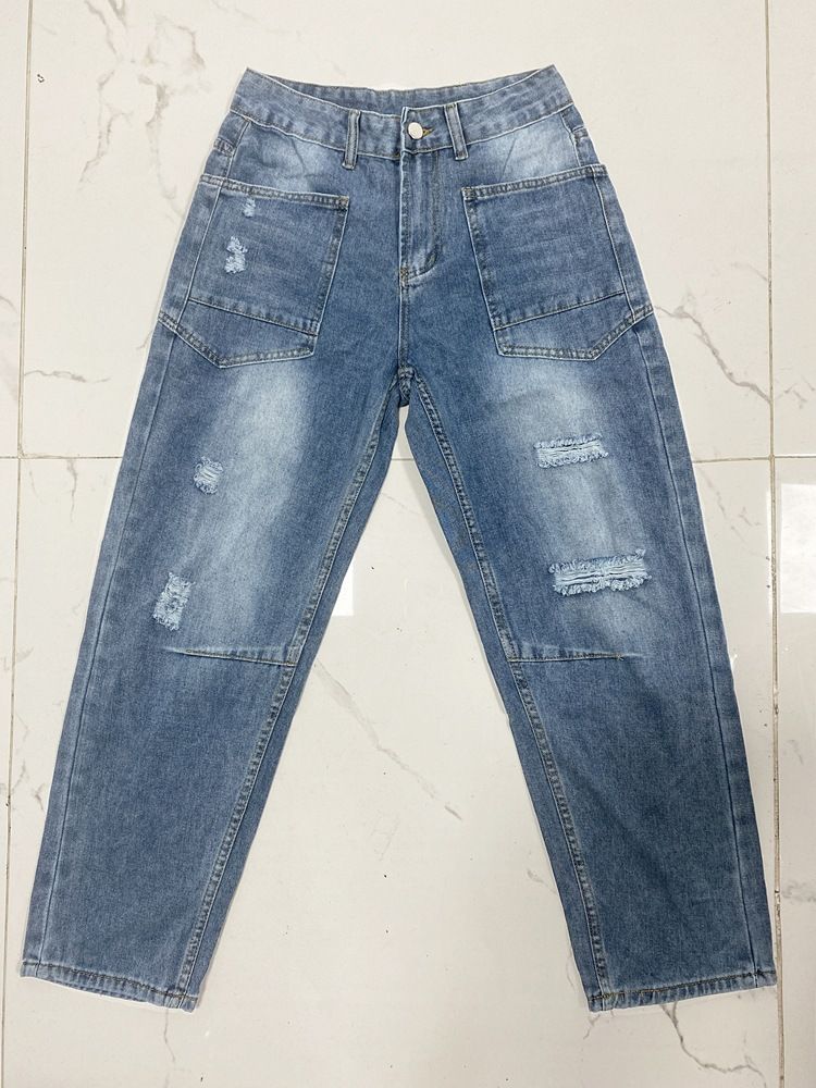 Ripped Barrel Jeans Women's Low Rise Distressed Straight Leg Loose Fit Denim