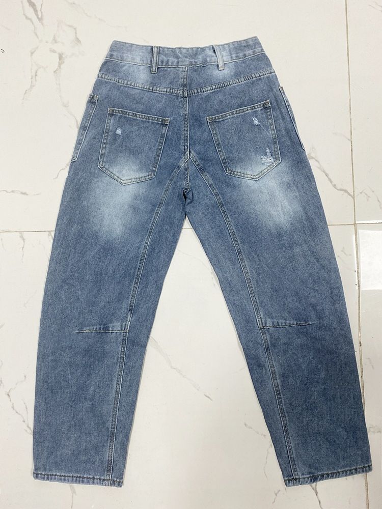 Ripped Barrel Jeans Women's Low Rise Distressed Straight Leg Loose Fit Denim