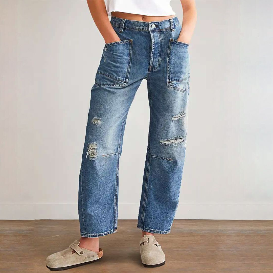 Ripped Barrel Jeans Women's Low Rise Distressed Straight Leg Loose Fit Denim