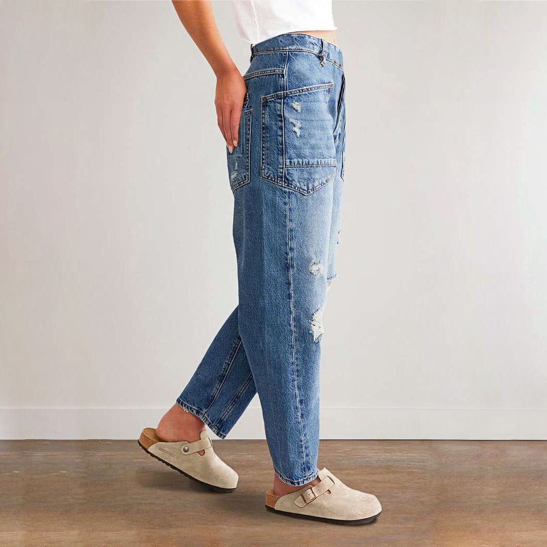 Ripped Barrel Jeans Women's Low Rise Distressed Straight Leg Loose Fit Denim