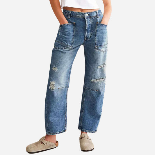 Ripped Barrel Jeans Women's Low Rise Distressed Straight Leg Loose Fit Denim